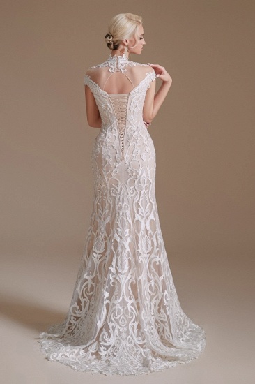 BMbridal Mermaid High Neck Wedding Dress Lace With Cap Sleeves_6