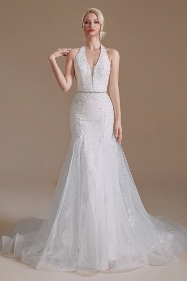 BMbridal Halter V-Neck Mermaid Lace Wedding Dress Long On Sale_4