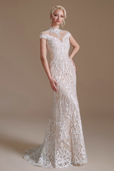BMbridal Mermaid High Neck Wedding Dress Lace With Cap Sleeves_5