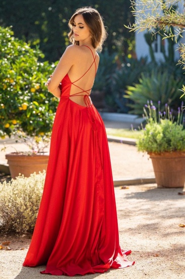 BMbridal Spaghetti-Straps Red Prom Dress Long Sleeveless With Split_3