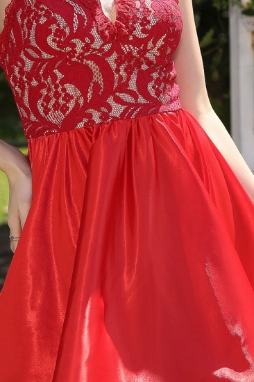 Unique Red Spaghetti Straps Sleeveless A-Line Prom Dresses with Lace_4