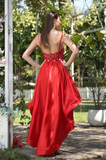 Unique Red Spaghetti Straps Sleeveless A-Line Prom Dresses with Lace_2