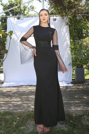 BMbridal Schwarzes Meerjungfrau-Abendkleid mit langen Ärmeln und Pailletten