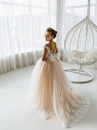 Cute Sleeveless Floral Lace Champagne Flower Girl Dress