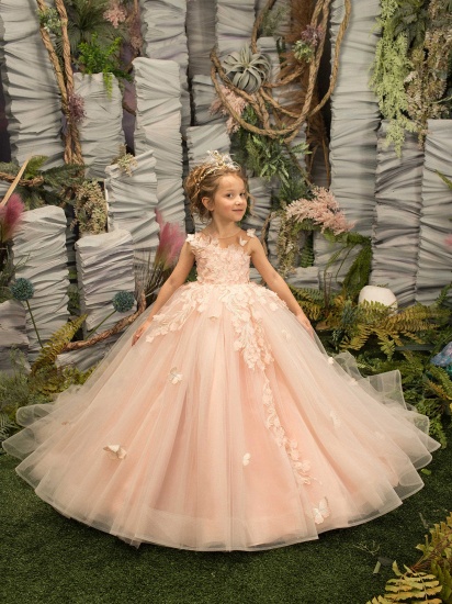 Reizendes ärmelloses Duchesse-Blumenmädchenkleid mit Applikationen