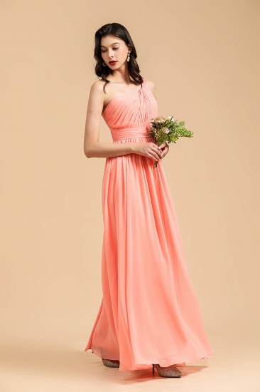 Elegantes langes Brautjungfernkleid aus A-Linie mit einer Schulter aus korallenrotem Chiffon_5