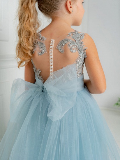 Cute Blue Sleeveless Ball Gown Flower Girls Dress With Beads_4