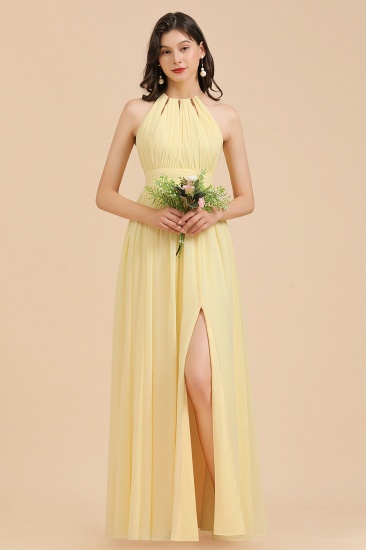 Halter Sleeveless Daffodil Chiffon Bridesmaid Dress with Ruffles_1