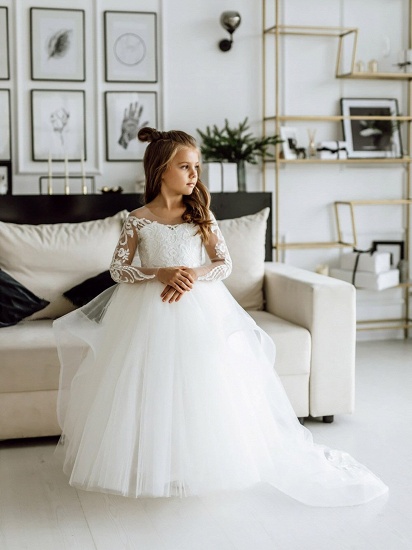 Romantic Long Sleeves Ivory Tulle Lace Appliques Flower Girl Dress