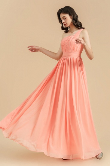 Elegantes langes Brautjungfernkleid aus A-Linie mit einer Schulter aus korallenrotem Chiffon_6