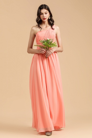 Elegantes langes Brautjungfernkleid aus A-Linie mit einer Schulter aus korallenrotem Chiffon_1