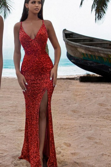 Bmbridal Pailletten Red Mermaid Prom Dress Split Sleeveless_3