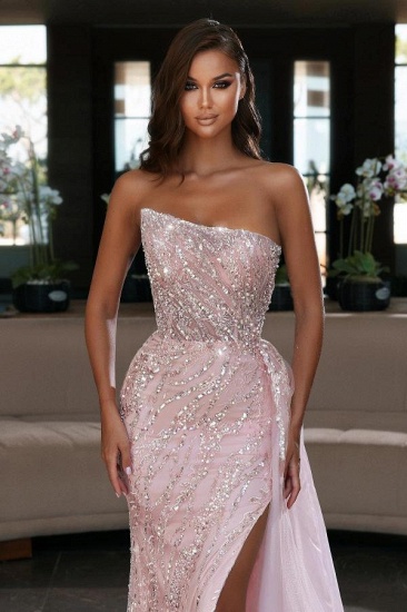 Bmbridal Strapless Pink Mermaid Evening Dress With Beadings Split_3
