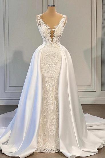 BMbridal Wunderschönes weißes Meerjungfrau-Hochzeitskleid mit Spitzenapplikationen und Überrock