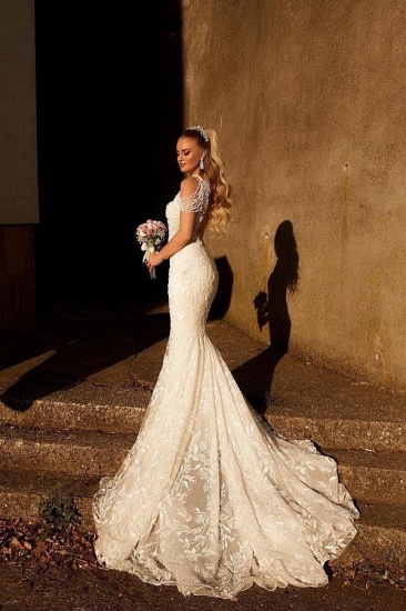 BMbridal High Neck White Mermaid Wedding Dress With Lace Appliques_3