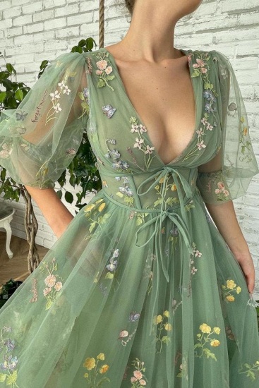 BMbridal Sage Green Tulle Prom Dress V-Neck Tea Length With Flowers_2