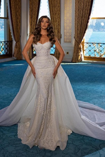 BMbridal Lace Mermaid Wedding Dress Strapless Overskirt Online_2