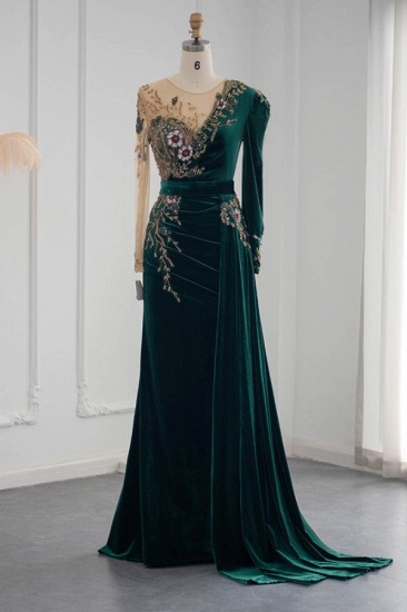 BMbridal Long Sleeves Mermaid Evening Dresses Dark Green With Crystals_1