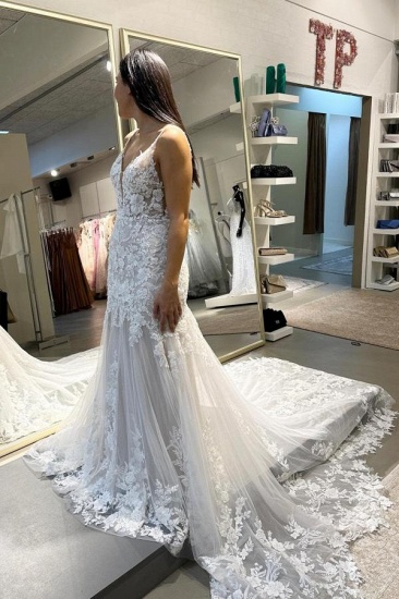 Bmbridal Spagetti-Straps Sleeveless Mermaid Wedding Dress Lace V-Neck