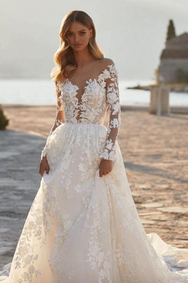 BMbirdal Long Sleeves Princess Wedding Dress Tulle With Appliques_3