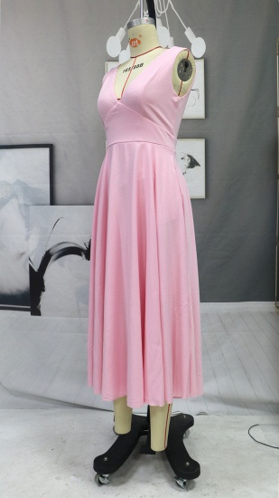 BMbirdal Pink Sleeveless Prom Dress Long Tea-Length With Pockets_5
