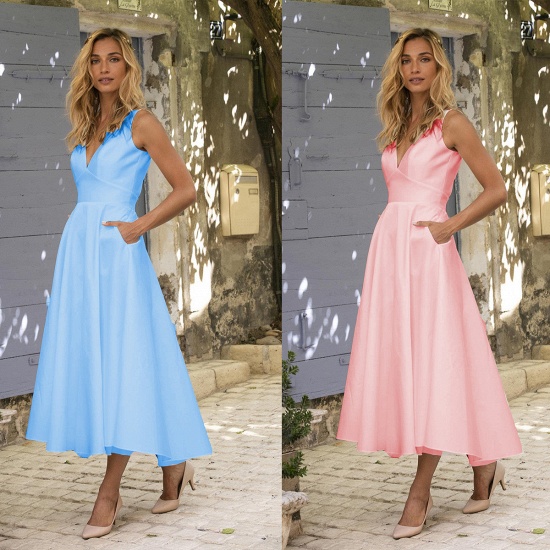 BMbirdal Pink Sleeveless Prom Dress Long Tea-Length With Pockets_3