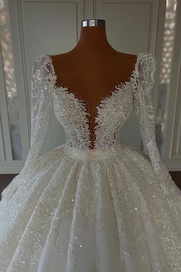 Bmbridal Ball Gown Long Sleeves Wedding Dress Lace V-Neck_3