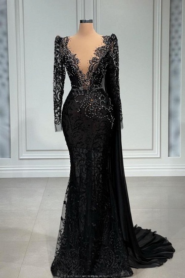 Bmbridal Black Lace Long Sleeves Prom Dress Mermaid With Beads