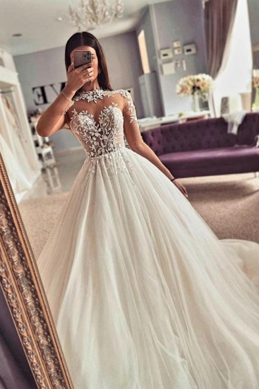 BMbridal Long Sleeves Tulle Wedding Dress Princess With Appliques_2