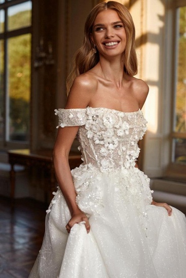 Bmbridal Off-the-Shoulder White Wedding Dress Lace-up Shiny With Appliques_4