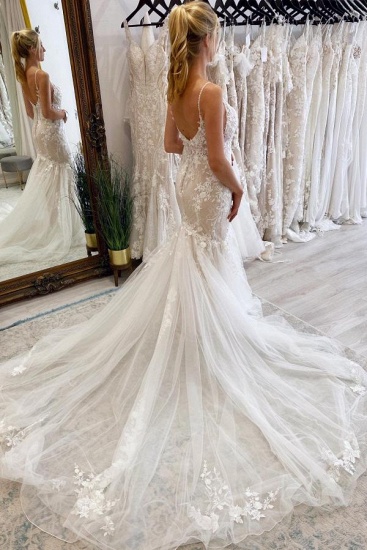 Bmbridal Spaghetti-Straps Lace Wedding Dress Mermaid Sleeveless Online_3