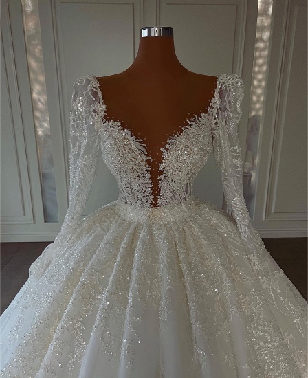 Bmbridal Ball Gown Long Sleeves Wedding Dress Lace V-Neck_5