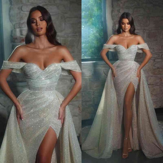 Bmbridal Off-the-Shoulder Mermaid Wedding Dress Sequins Slit Overskirt_1