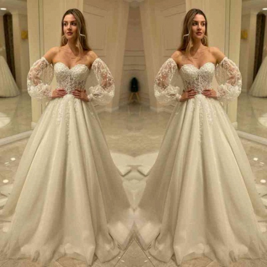 Bmbridal Sweetheart Lace Wedding Dress Detachable Sleeves_1