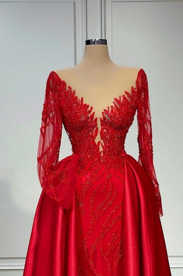 Bmbridal Red Long Sleeves Prom Dress Mermaid With Beadings Overskirt_3