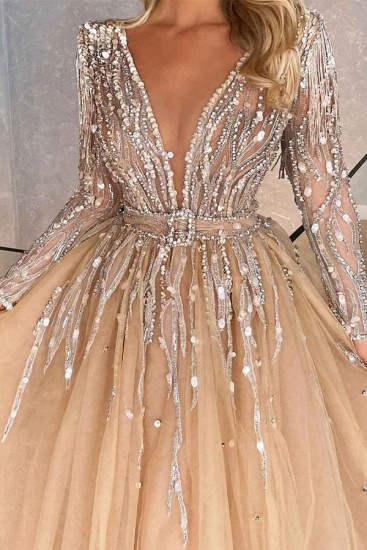 Bmbridal Champagne Long Sleeves Prom Dress Ball Gown Tulle With Beads_3