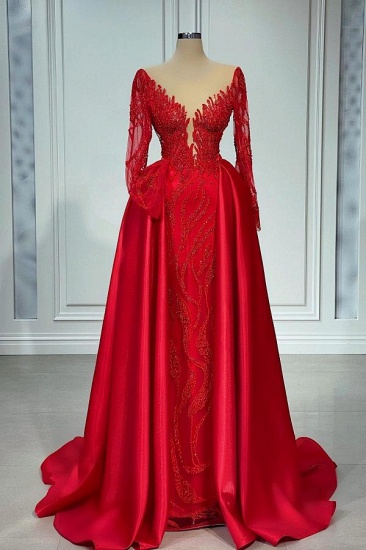 Bmbridal Red Long Sleeves Prom Dress Mermaid With Beadings Overskirt_1