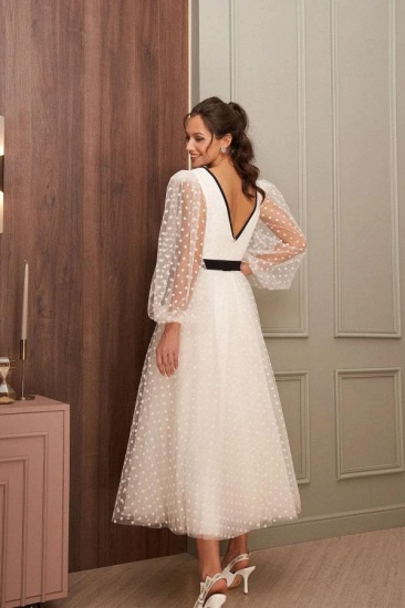 Bmbridal Long Sleeves Tulle Wedding Dress V-Neck Tea Length_3