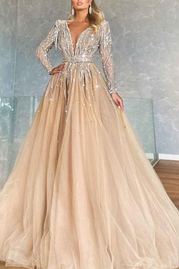 Bmbridal Champagne Long Sleeves Prom Dress Ball Gown Tulle With Beads_1