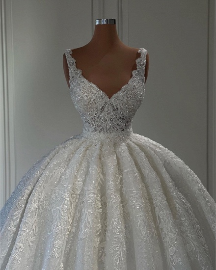 Bmbridal V-Neck Sleeveless Wedding Dress Ball Gown With Lace Appliques_5
