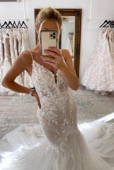Bmbridal Spaghetti-Straps Lace Wedding Dress Mermaid Sleeveless Online_4