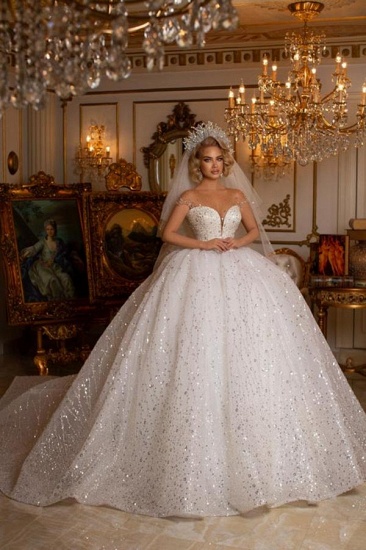 Bmbridal Ball Gown Wedding Dress Sheer Top With Crystal Beads_1