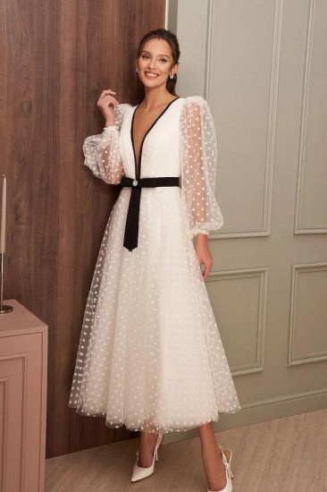 Bmbridal Long Sleeves Tulle Wedding Dress V-Neck Tea Length_2