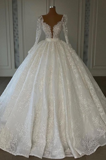 Bmbridal Ball Gown Long Sleeves Wedding Dress Lace V-Neck