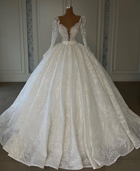 Bmbridal Ball Gown Long Sleeves Wedding Dress Lace V-Neck_4