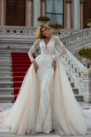 Bmbridal Long Sleeves Champagne Wedding Dress Lace Mermaid Overskirt