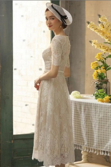 Bmbridal Half Sleeves Wedding Dress Tea-Length Lace Appliques_5