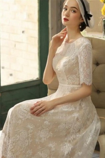Bmbridal Half Sleeves Wedding Dress Tea-Length Lace Appliques_6