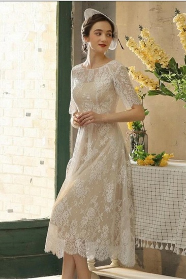 Bmbridal Half Sleeves Wedding Dress Tea-Length Lace Appliques