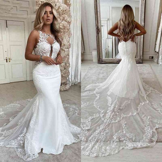 Bmbridal White Mermaid Wedding Dress Lace Backless_1